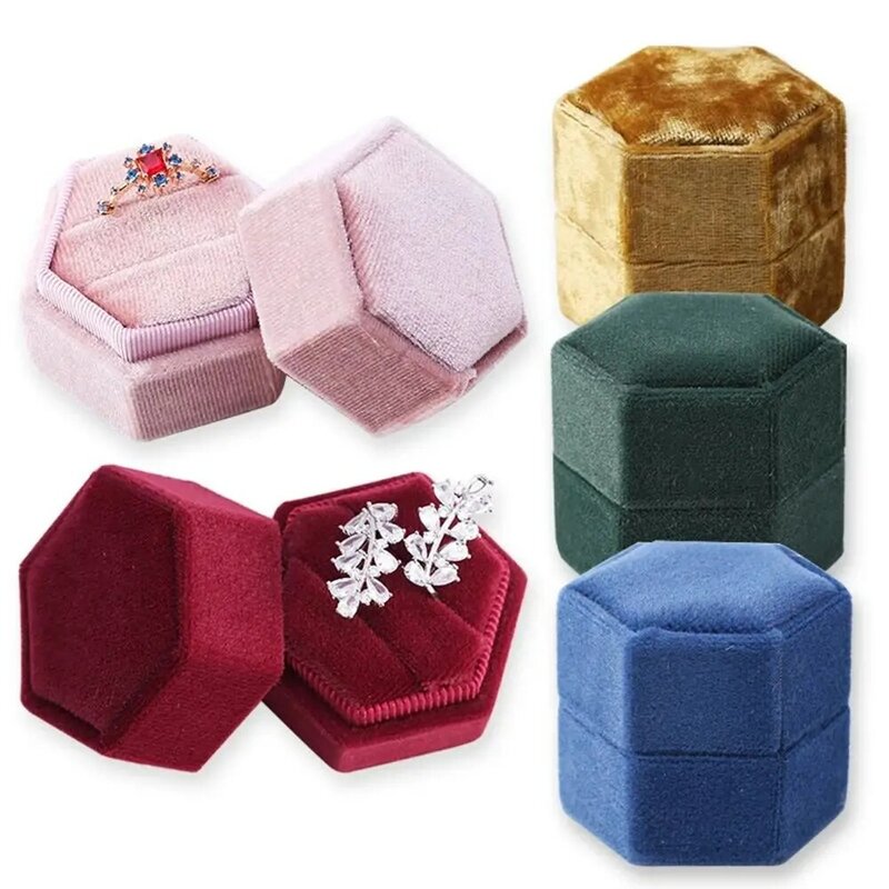 Hexagon Shape Velvet Jewelry Box Double Ring Storage Box Woman Gift Earrings Package Case Wedding Ring Display Packaging Box