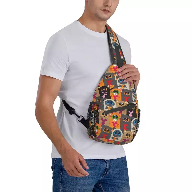 Casual Cute Cats Sling Bags for Traveling Men Cartoon Animal Kitten Crossbody Chest Backpack Shoulder Daypack