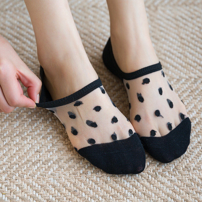 Носки-невидимки женские короткие, милые летние повседневные однотонные носки в горошек, прозрачные шелковые дышащие, 5 пар
