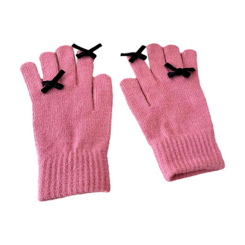 Теплые перчатки с пушистым бантом, перчатки для экрана на пальцах, зимние рождественские вязаные перчатки с бантом, подарки, декоративные женские вязаные варежки K8V0