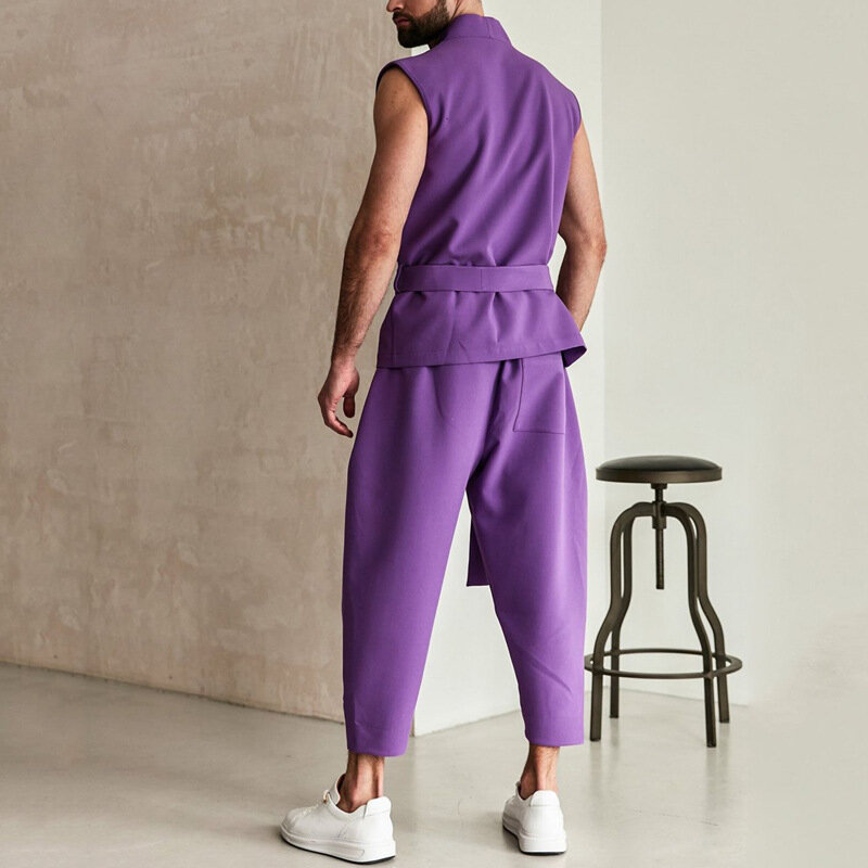 Conjunto de dos piezas para hombre, cárdigan con correa púrpura, pantalones, moda informal