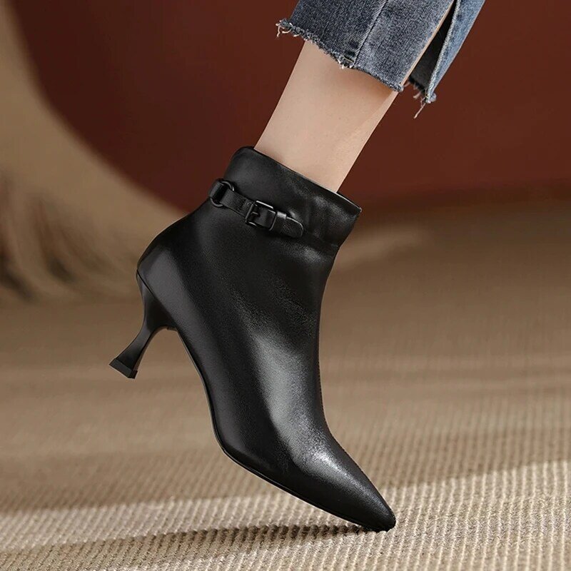 Women's Shoes 2024 High Quality Belt Buckle Women's Boots Fashion Side Zipp Office Career Sexy Ladies Pointed Toe Ankle Boots