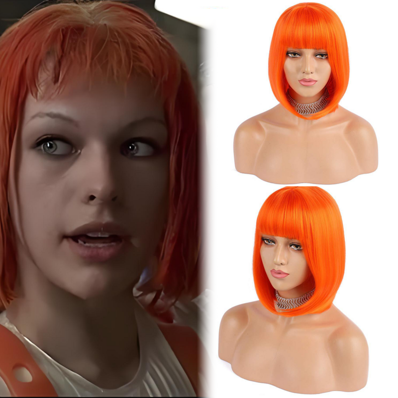 Wig Cosplay film The Fifth eloo rambut palsu Aksesori kostum Wig sintetik tahan panas rambut oranye pendek properti Halloween