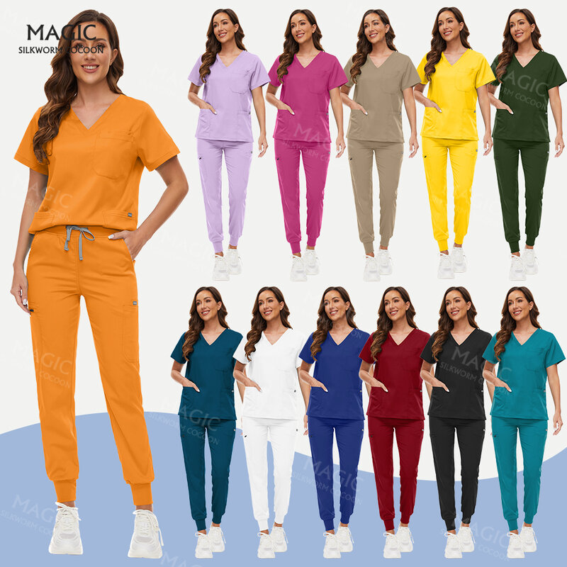 여러 가지 빛깔의 미용실 유니폼, 실험실 작업복, 스크럽 간호사 액세서리, 클래식 V넥 조거 슈트, 여성 의료 유니폼