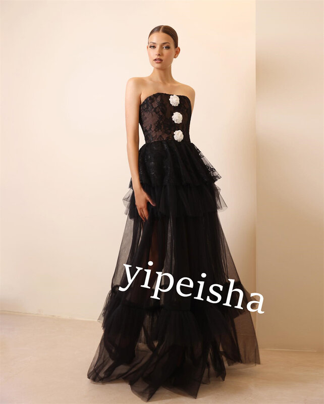 Jiayigong  Tulle Flower Party A-line Strapless Bespoke Occasion Gown Long Dresses Saudi Arabia