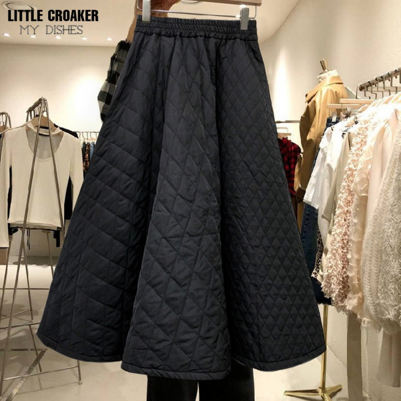 Coréia retro saias femininas 2022 outono inverno novo elástico de cintura alta diamante colcha tecido cor sólida a linha bottoms jupe femme