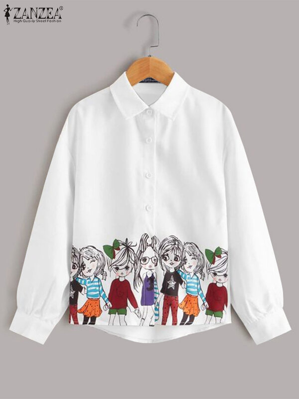 ZANZEA 여성용 라펠 칼라 긴팔 셔츠, 패션 만화 프린트 상의, 휴일 여성 의류 튜닉 2024, 한국 캐주얼 블라우스