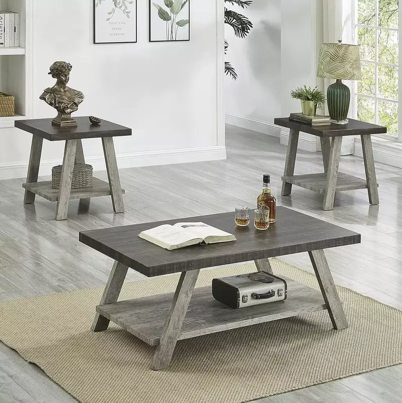 Juego de mesa de centro con estantería de madera, mesa de centro con estantes, estilo contemporáneo de Athens, 24D x 48W x 19H in, 3 piezas