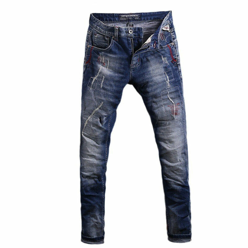Streetwear Jeans sobek untuk pria, celana Denim Retro biru elastis Slim Fit, celana Jeans bordir desainer Vintage modis untuk pria