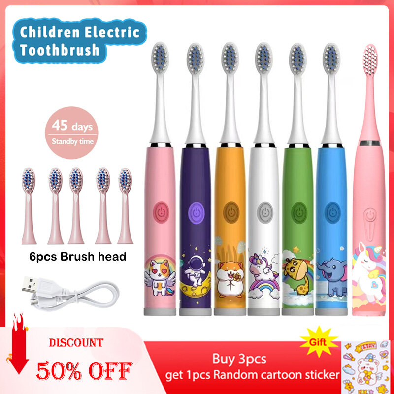 Cepillo de dientes eléctrico de dibujos animados para niños con cabezal de repuesto, ultrasónico, impermeable, recargable, IPX7