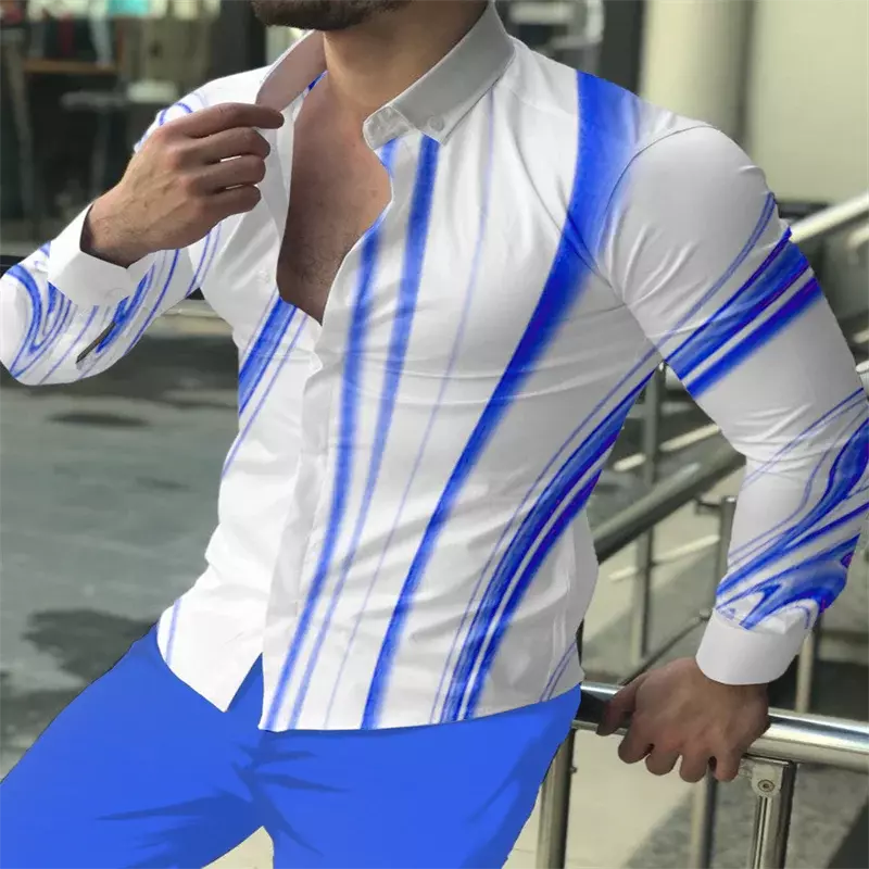 Camisa manga longa masculina com botão de lapela, camisa xadrez branca, casual azul da moda rua, primavera e verão, 2023, novo