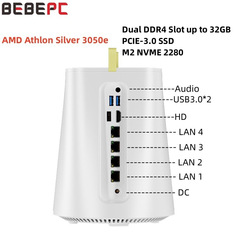 BEBEPC-Mini PC NAS Firewall Router, AMD 3050E, DDR4, M.2, NVME 2280, 4 LAN, Pfsense, Linux, Windows 10, ordenador Industrial