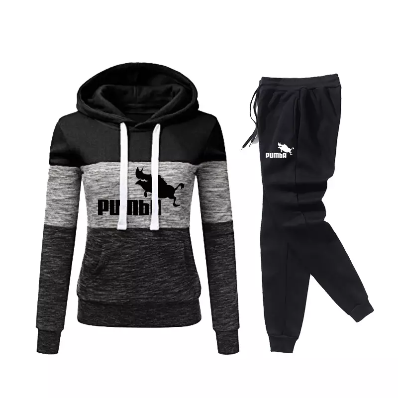 Women Tracksuit Hooded Sweatshirt + Pants Suit Female Color Block Casual Jogging Pullovers Lady Sport Trousers Outfits 2024