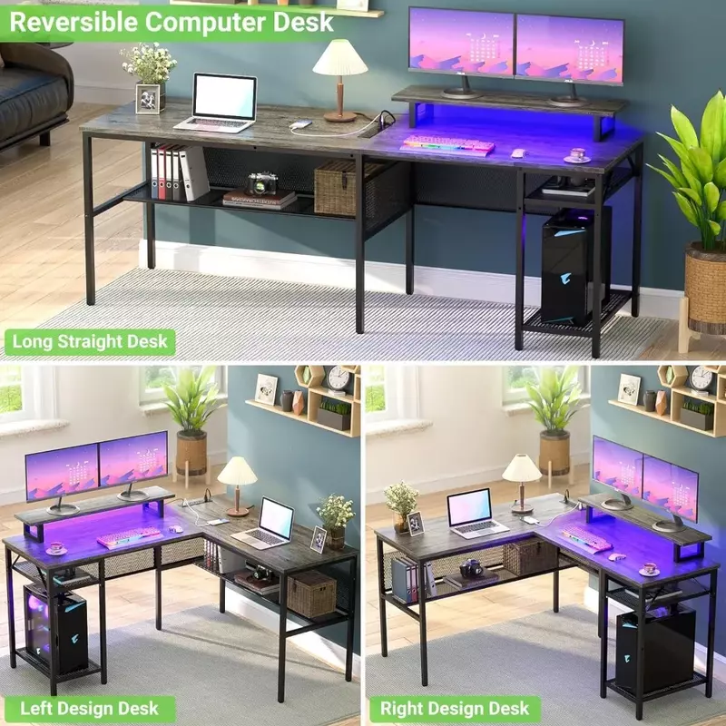 Meja Komputer bentuk L dengan outlet daya ajaib dan lampu LED pintar, Meja kantor sudut 55 inci terbalik dengan dudukan Monitor