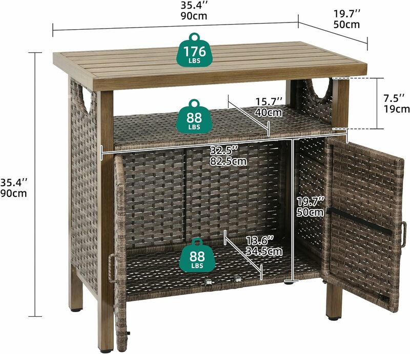 ตู้เก็บของกลางแจ้งโต๊ะบาร์ลานที่มีสองประตูและชั้นวางโต๊ะหวายสำหรับเก็บของกันสภาพอากาศ