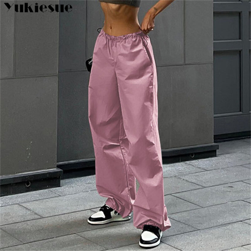 Женские брюки 2023, летние брюки-карго, одежда Y2K, свободные джоггеры на завязках с низкой талией, повседневная одежда, уличная одежда, спортивные брюки