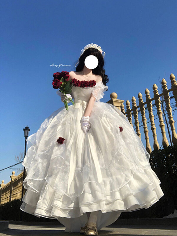 فستان لوليتا نسائي أنيق ، شبكة زفاف زهرة نسائية ، حلوة