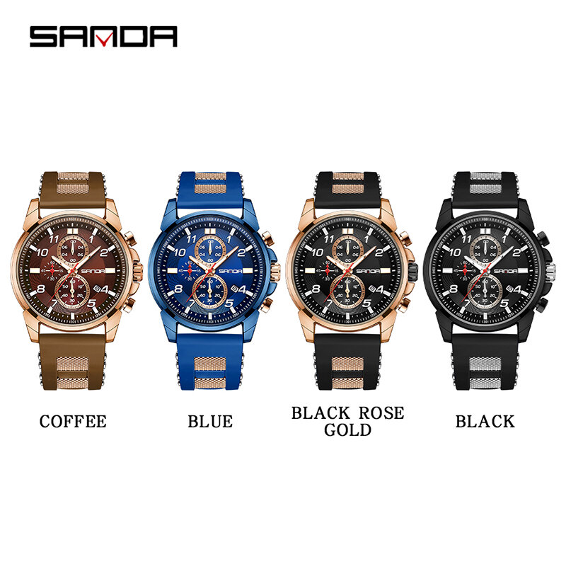 Fashion Sanda Brand 5506 New Design 2023 Trendy Soft Silicone Strap Quartz Movement Business Men Waterproof Chronograph Watches
