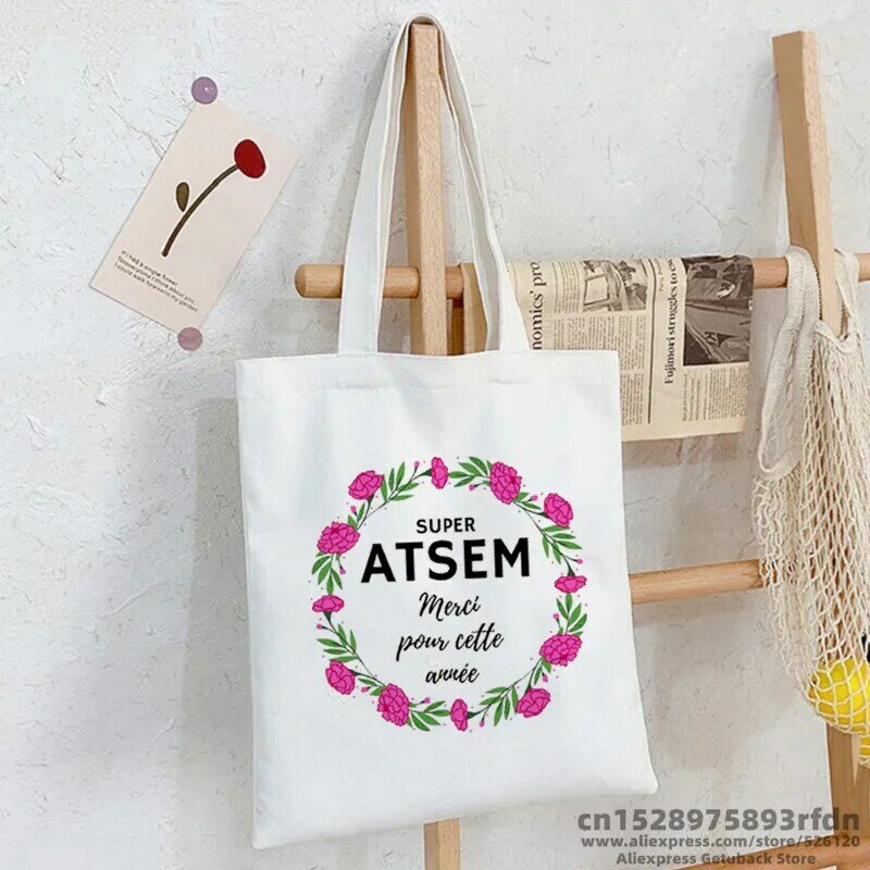Спасибо Atsem, модная женская Холщовая Сумка для покупок с французским принтом, экологичные сумки на плечо в стиле Харадзюку, персонализированные школьные сумки Super Atsem, подарки