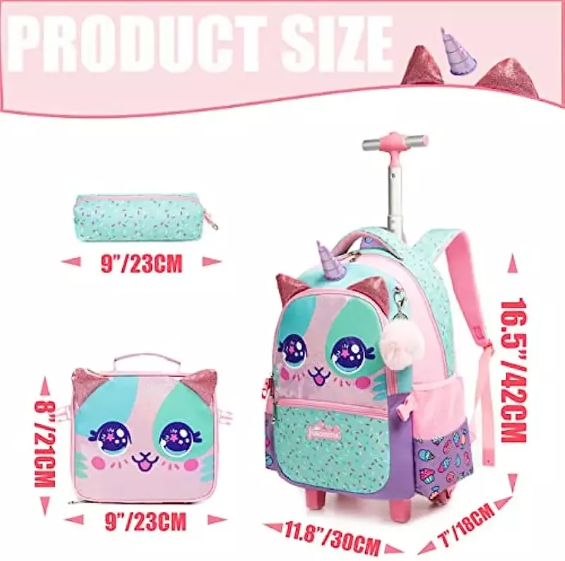 Детский рюкзак BIKAB для девочек, милые рюкзаки с блестками и кошкой, с колесами для учеников начальной школы, с коробкой для ланча для девочек