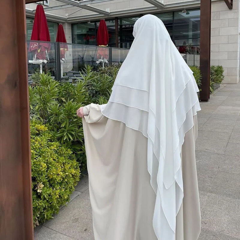 Three Layer Chiffon Khimar With Niqab Strings High Quality EID Ramadan Muslim Women Islamic Clothing Wholesale Prayer Long Hijab