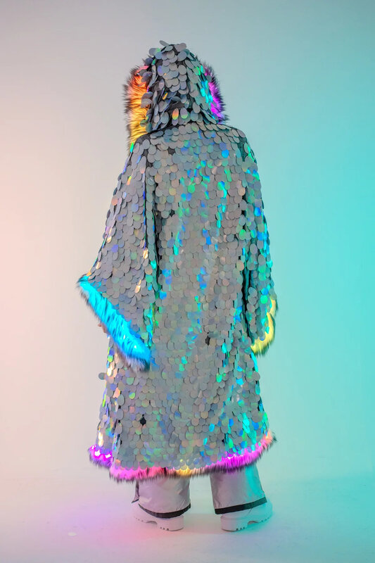 Новый костюм со светодиодной подсветкой, лоскутное пальто из искусственного меха с блестками для женщин, многофункциональное высококачественное пальто из искусственного меха