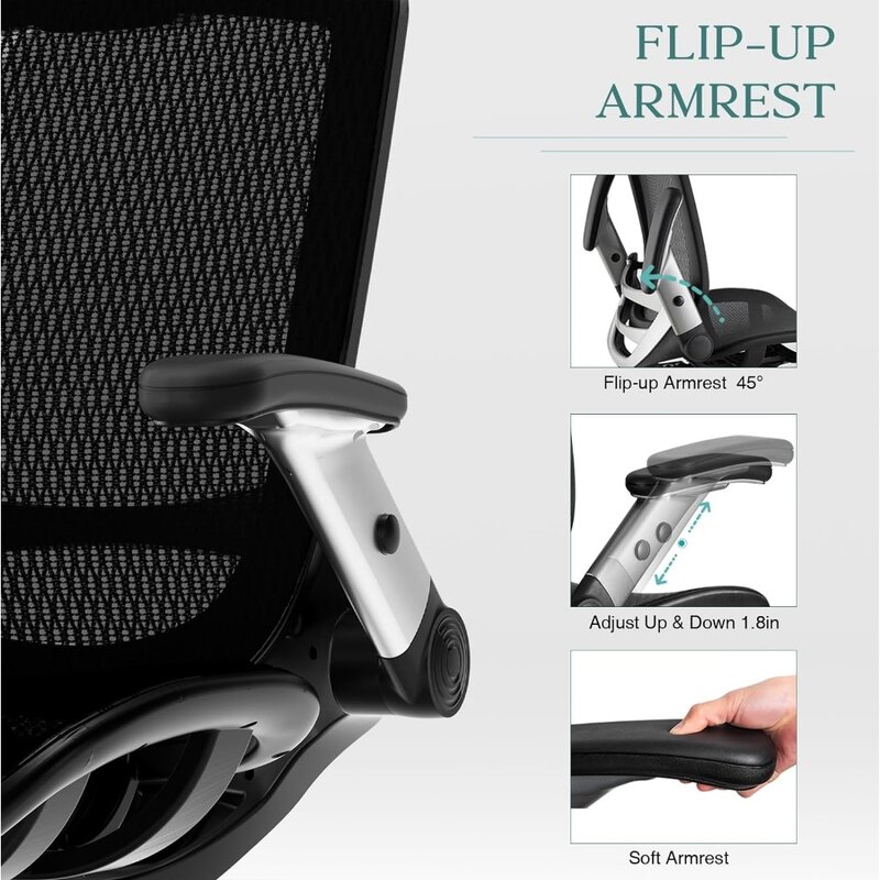 Cadeira ergonômica de escritório Mesh, encosto de cabeça ajustável com braços flip-up, função de inclinação, apoio lombar