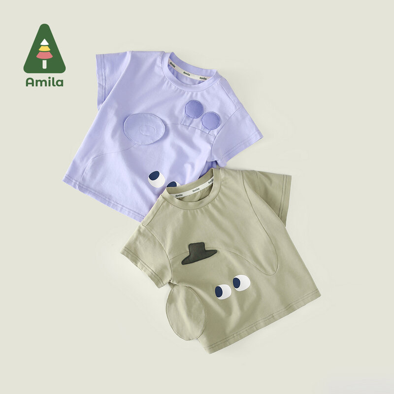 Amila-camiseta de manga curta para meninos e meninas, cor sólida, simples e divertida, para o verão, novo, 2024
