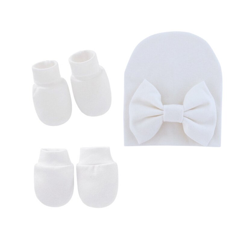 Bebê bowknot chapéu sem arranhões luvas conjunto cobertura pé crianças luvas algodão macio gorros boné meias para