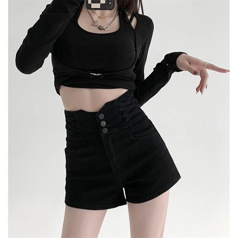 Women's High Waisted A-line Black Denim Shorts Summer New Vintage Street Style Mini Jeans Female Wide-leg Sexy Hot Pants