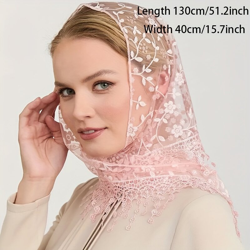 1pc Women's Floral Print Lace Trim Triangle Scarf Solid Color Thin Shawl Elegant Style Sunscreen Head Wrap