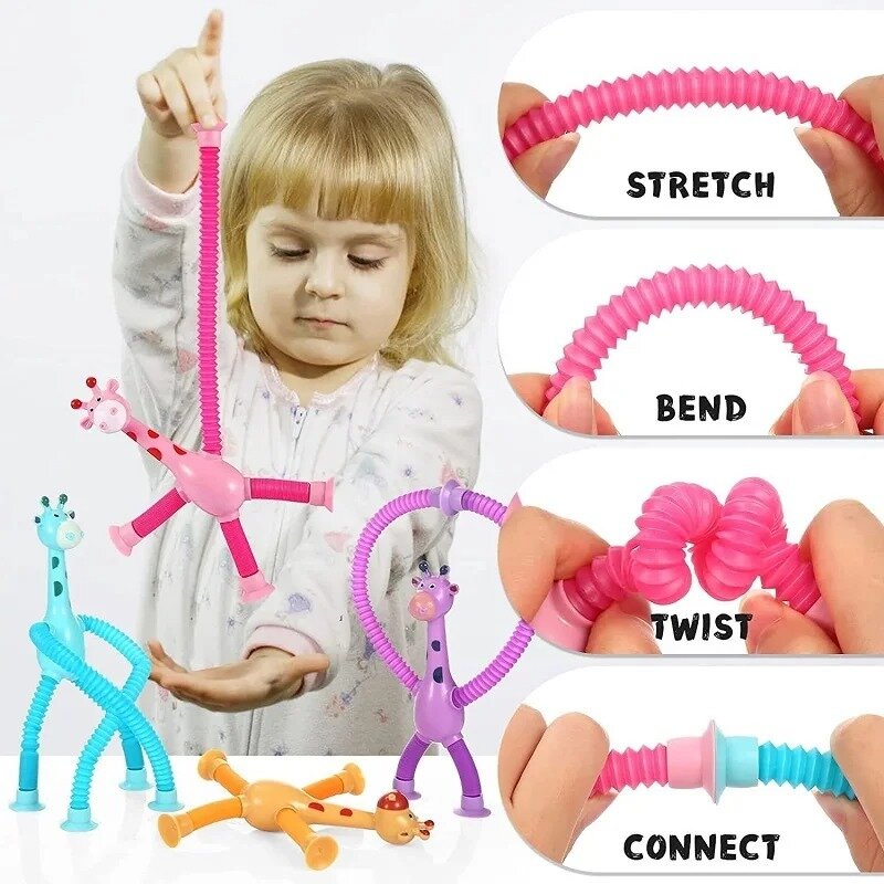 Mainan cangkir isap anak-anak, tabung Pop penghilang stres jerapah Fidget sensor bellow Anti stres mainan Remas anak-anak