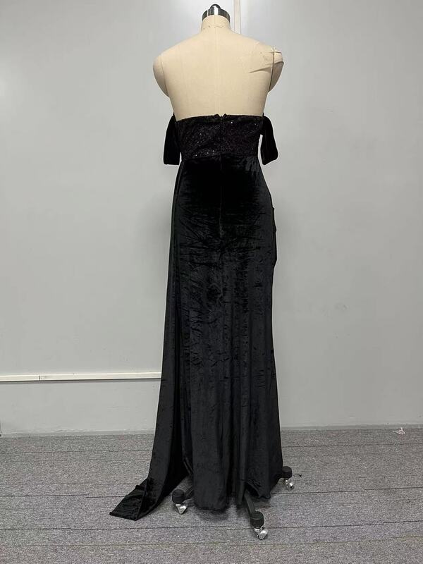 Gaun pesta malam Backless seksi untuk wanita gaun Maxi Prom putri duyung belahan bahu membungkus dada renda hitam 2023