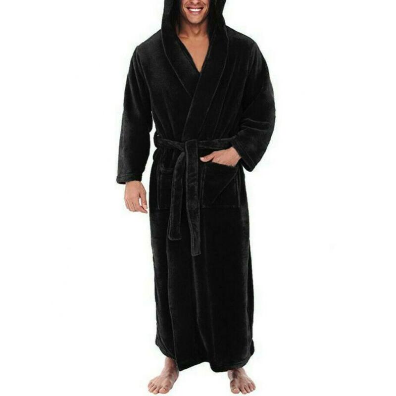 남성용 단색 포켓 소프트 잠옷, 산호 양털 긴 목욕 가운, 홈 가운 잠옷