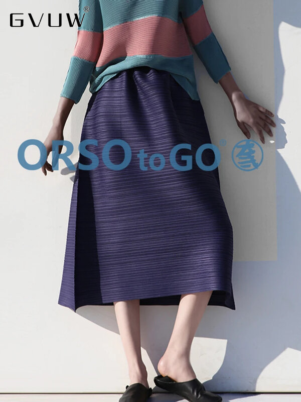 GVUW Pleated A Line Skirt Women Elastic Waist Solid Color Spliced Pockets New Summer 2024 Versatile Female Skirts 17G6826