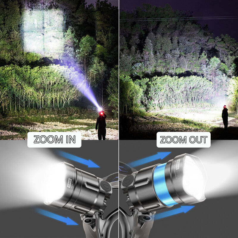 Суперъяркая светодиодная фара с лампочками XHP90, водонепроницаемая фара с индикатором мощности, подходит для исследований, охоты, рыбалки