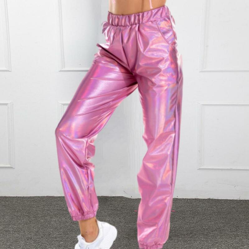 Glossy Colorful Women Harem Trousers Hip Hop Club Party Bar Stage Performance Pants Glossy Surface High Waist Ankle banded Pants