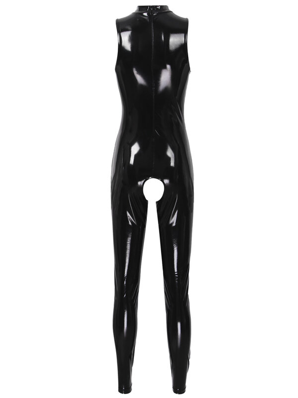 Womens Skinny Teddies Jumpsuits Pole Dancing Clubwear Sleeveless Open Cups Catsuit Glossy Patent Leather Crotchless Bodysuit