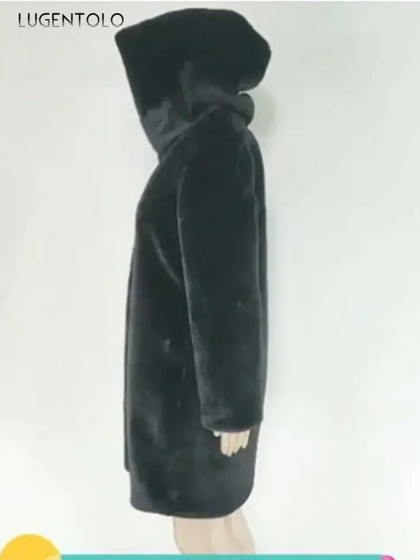 Mantel bulu hitam wanita, Streetwear musim dingin ukuran besar longgar Famale bertudung tebal hangat kardigan bulu mantel elegan Lugentolo
