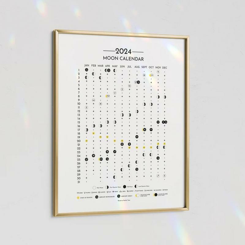 Pôster do Calendário de Fases Lunares para Sala de Estar e Quarto, Pôster Lua Celestial, Calendário Impresso Claro, Planejadores do Ano, 2024