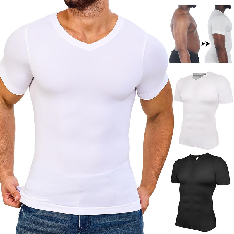 Kaus pembentuk tubuh leher V pria, pakaian kompresi lengan pendek pelangsing atasan olahraga Abs kontrol perut