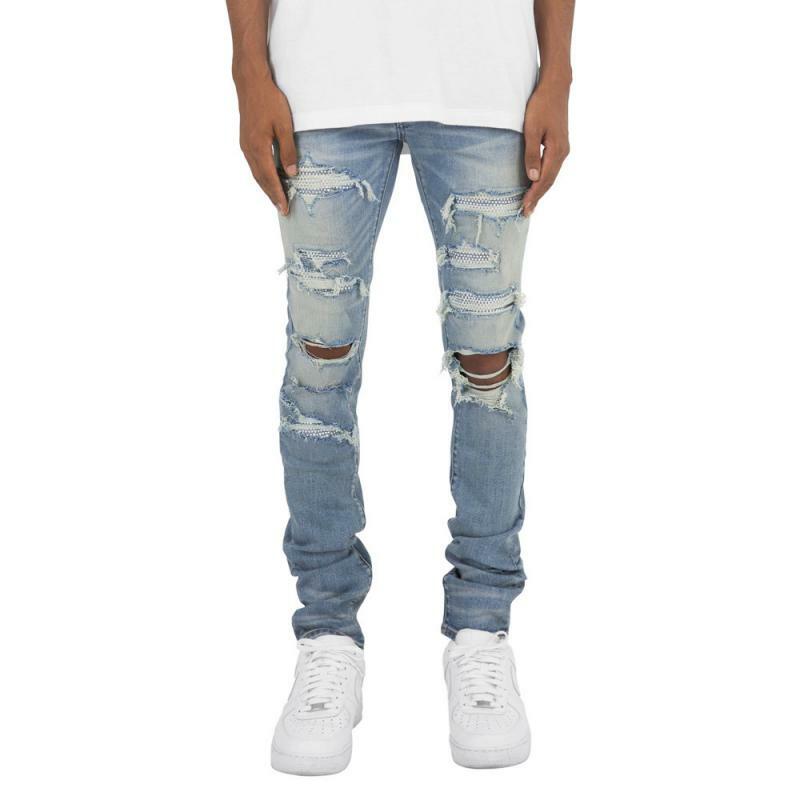 Calça jeans elástica perfurada personalizada masculina, slim fit, moda de rua alta, casual, verão, perfurada a quente, 2023
