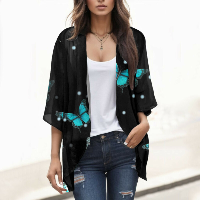 Floral Print Chiffon Cardigan Women's Puff Sleeve Loose Cover Up Oversized Female Casual T-shirt Blouse Fashion Tops Clothing