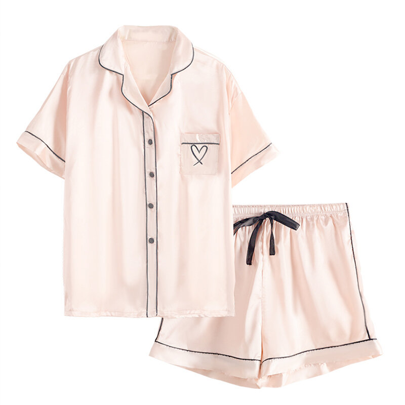 Womens Ice Silk Pajamas Set Heart Print Sleepwear Pijamas Elegant Summer Short Sleeve 2 Pieces Set Cardigan Home Clothes
