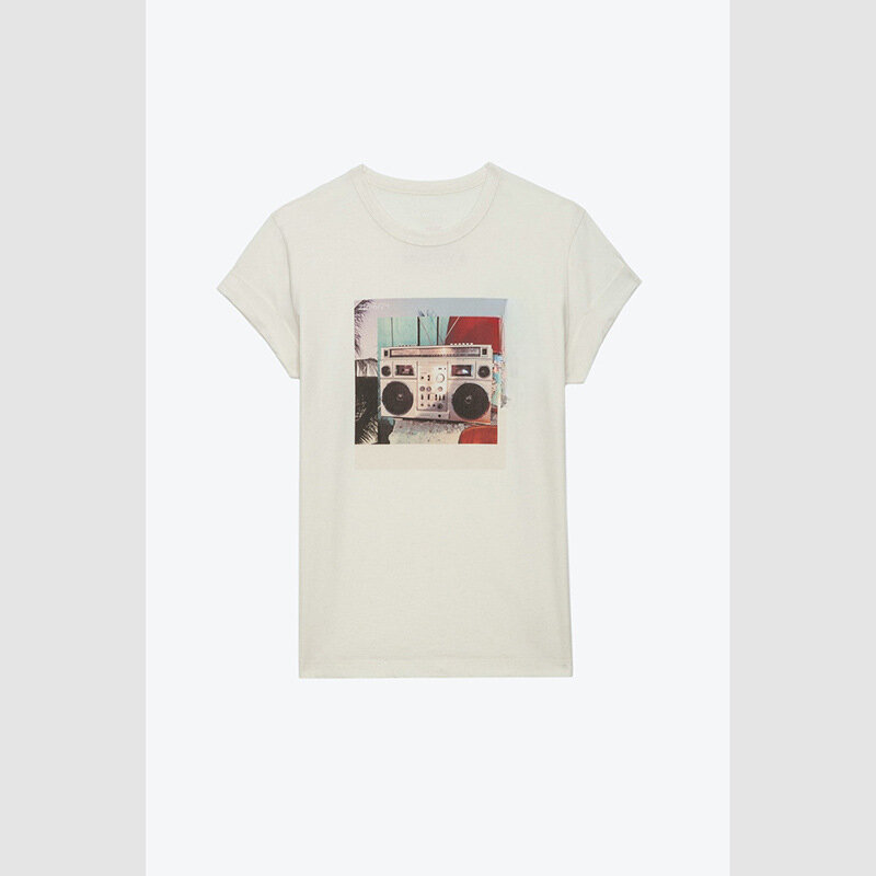 Neuankömmling Französisch ZV Radio Sound Digitaldruck Baumwolle Roll-Up-Ärmel Damen T-Shirt für den Sommer