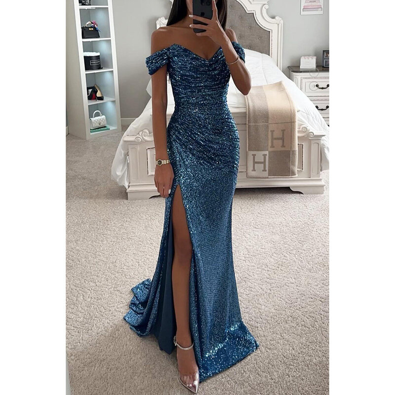 luxury Sexy Off-Shoulder Formal Occasion Dresses Women V-neck Sparkly Floor Length Cocktail Dress High Split Evening Party Gowns