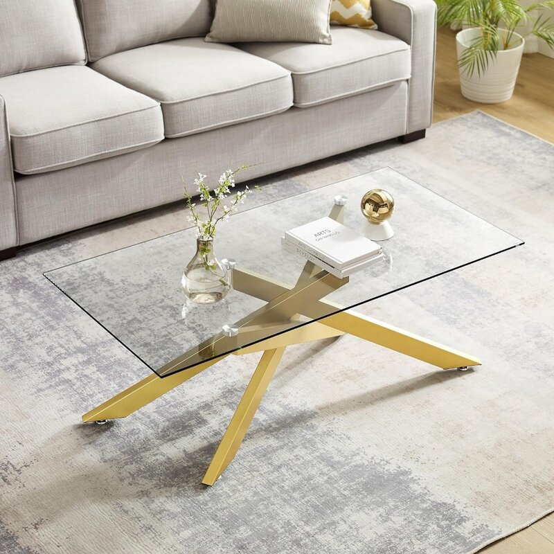 Rectangular Modern Coffee Table Coffe Tables for Living Room Tempered Glass Top and Metal Tubular Legs Design Seating End the