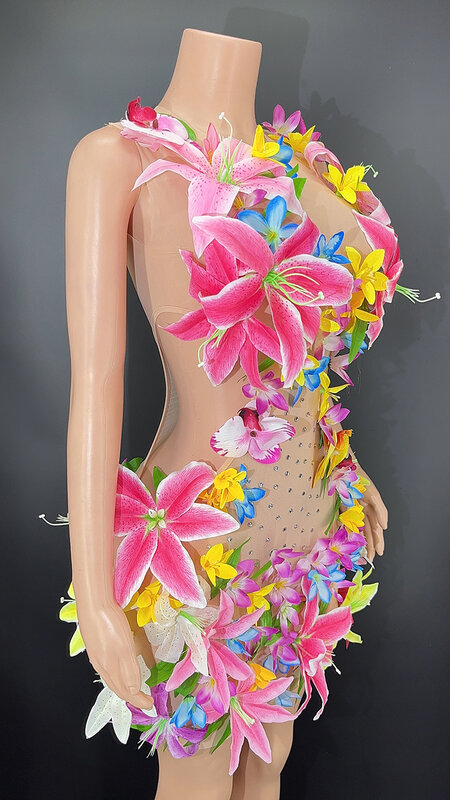 Personalizzato nuovo fiore ricamo maglia pizzo trasparente alta elastico manica corta Sexy vestito da partito stretto prestazioni sul palco