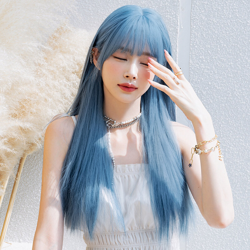 Wig 7JHH model Lolita, Wig sintetis lurus panjang biru dengan poni halus, kostum Wig longgar untuk wanita, pemula