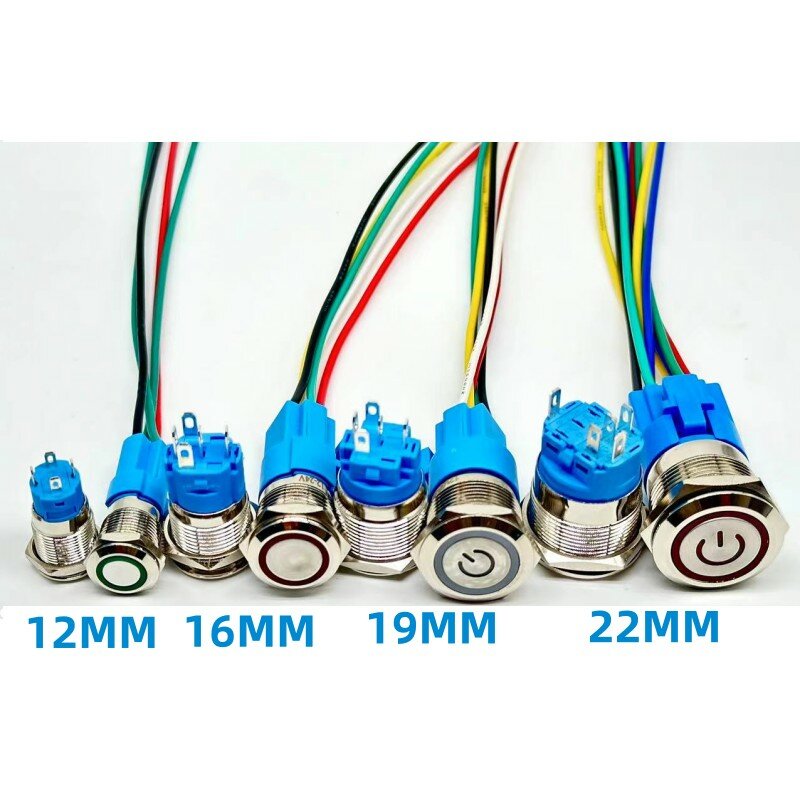 12/16/19/22MM Waterproof Metal Push Button Switch LED Light Momentary Latching Car Engine Power Switch  5V 12V 24V 220V Red Blue